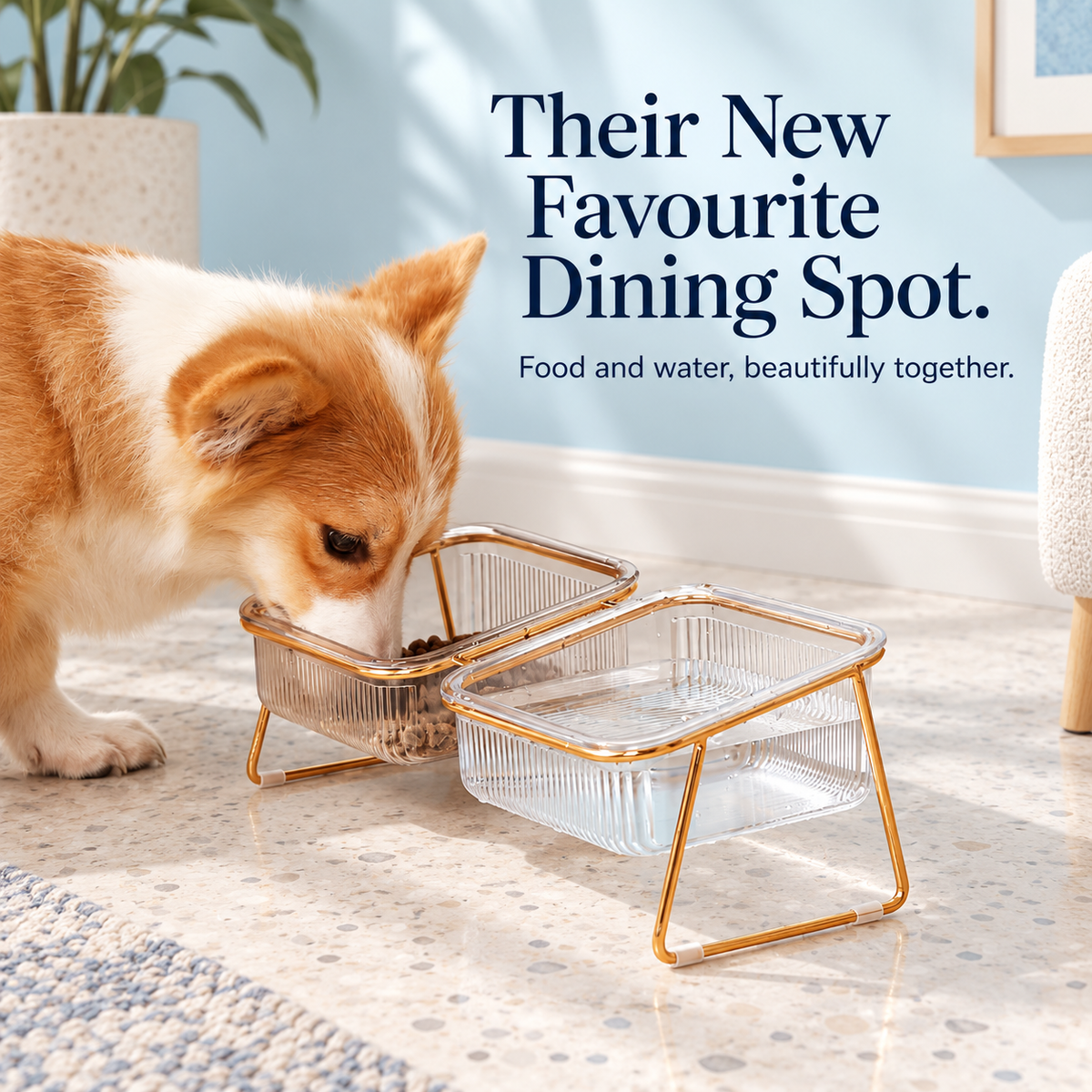 Tilted Pet Bowls with Gold Metal Stand