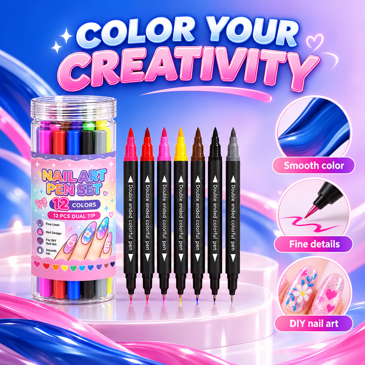12-Color Dual-Tip Nail Art Pens – DIY Designs at Home