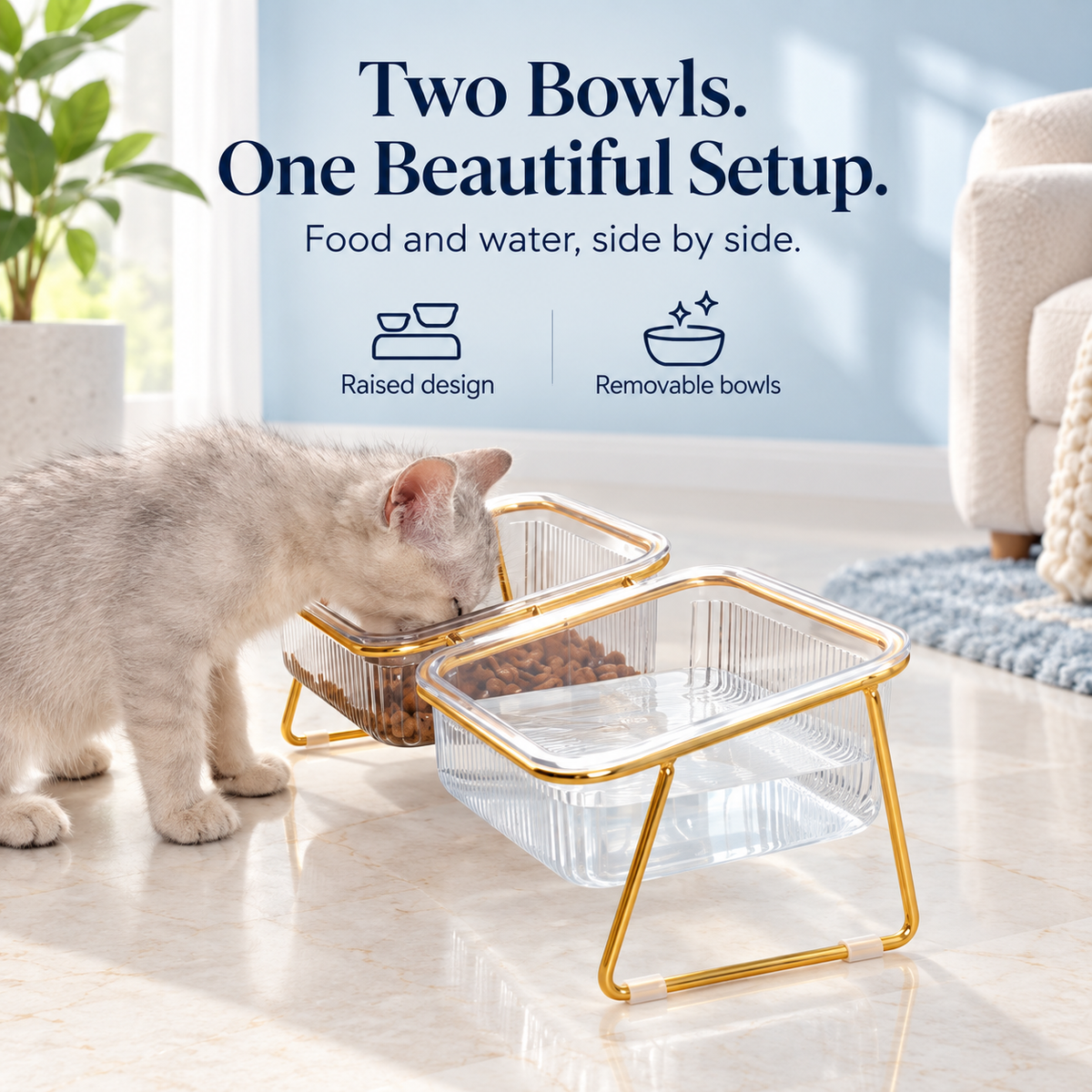 Tilted Pet Bowls with Gold Metal Stand