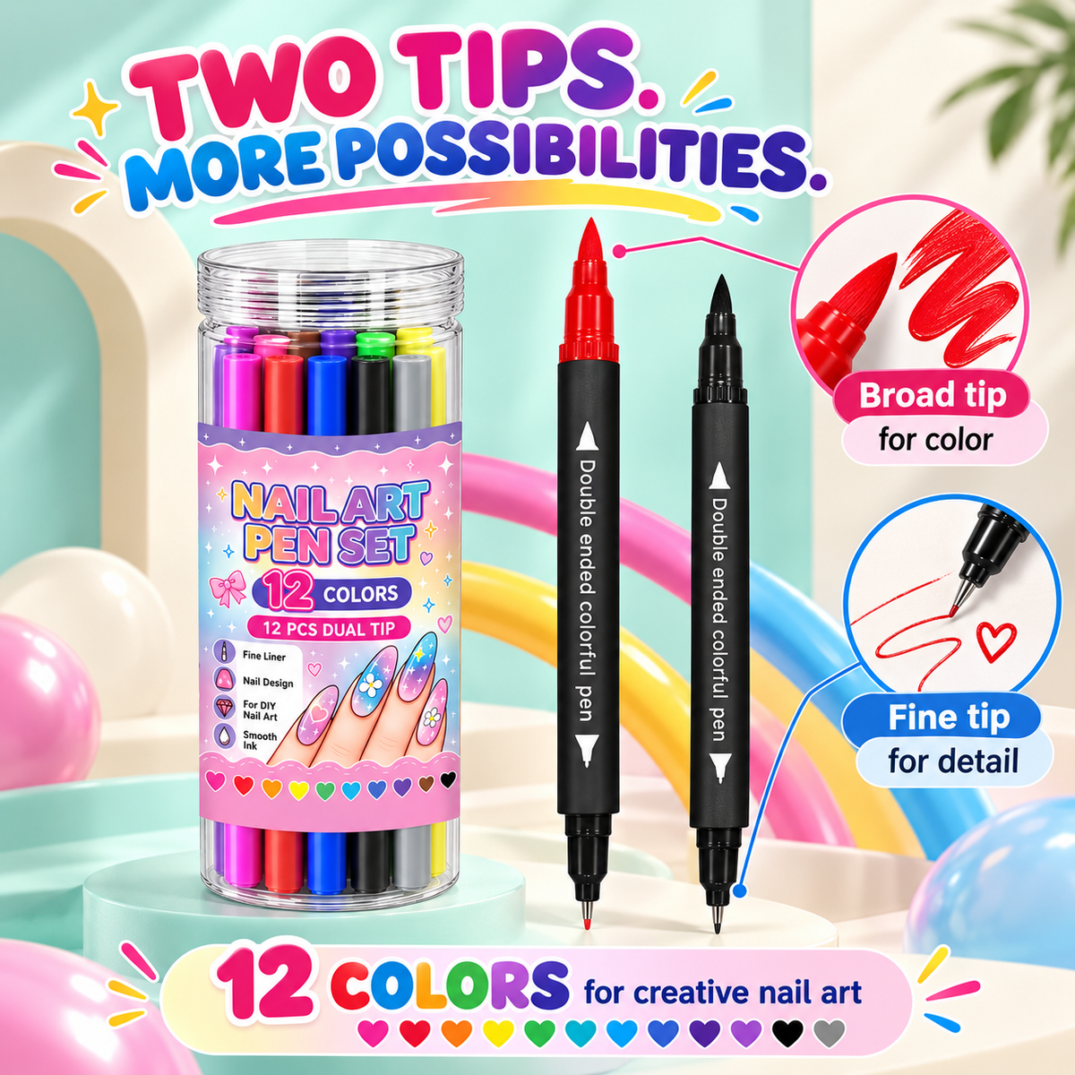12-Color Dual-Tip Nail Art Pens – DIY Designs at Home