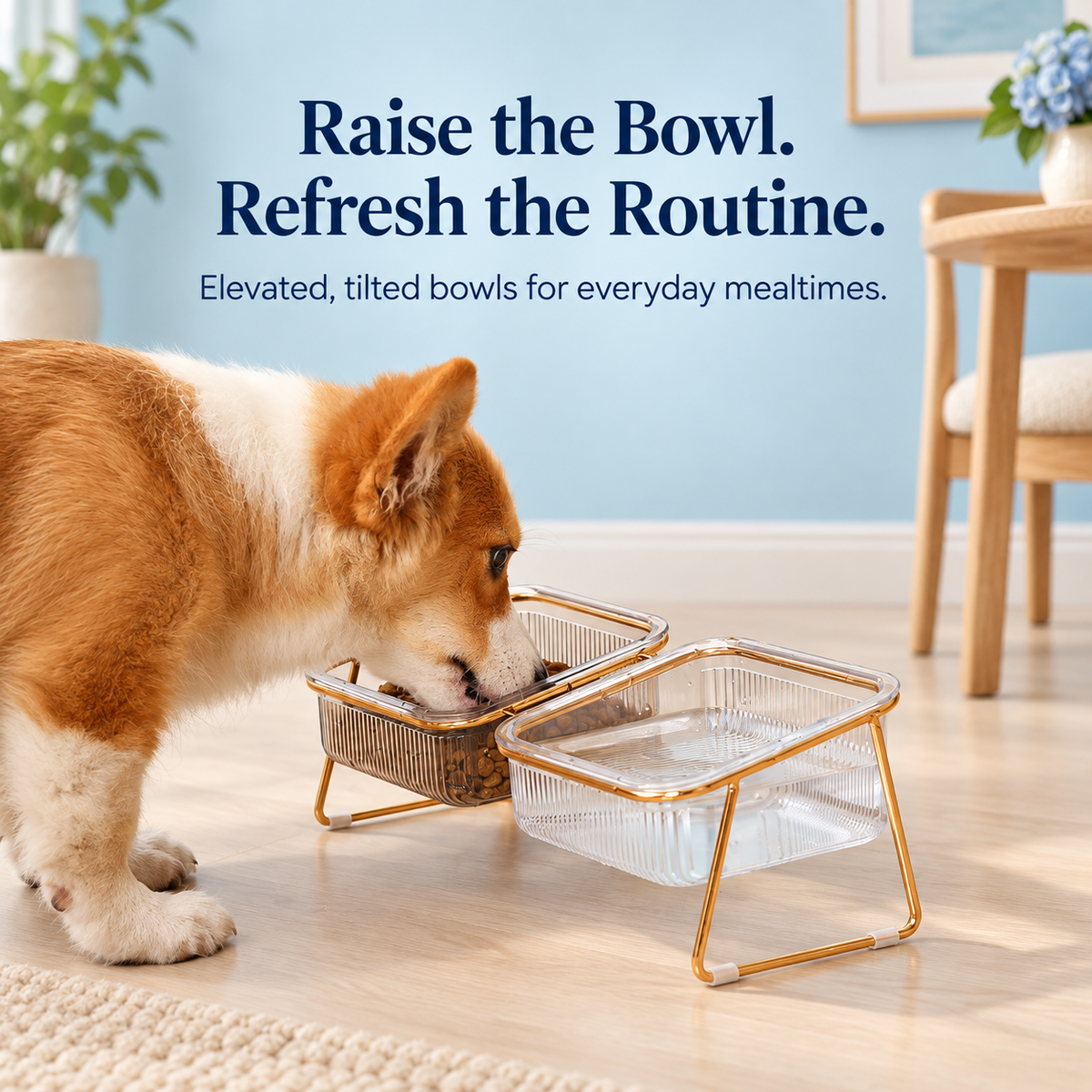 Tilted Pet Bowls with Gold Metal Stand