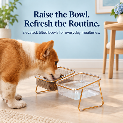 Tilted Pet Bowls with Gold Metal Stand