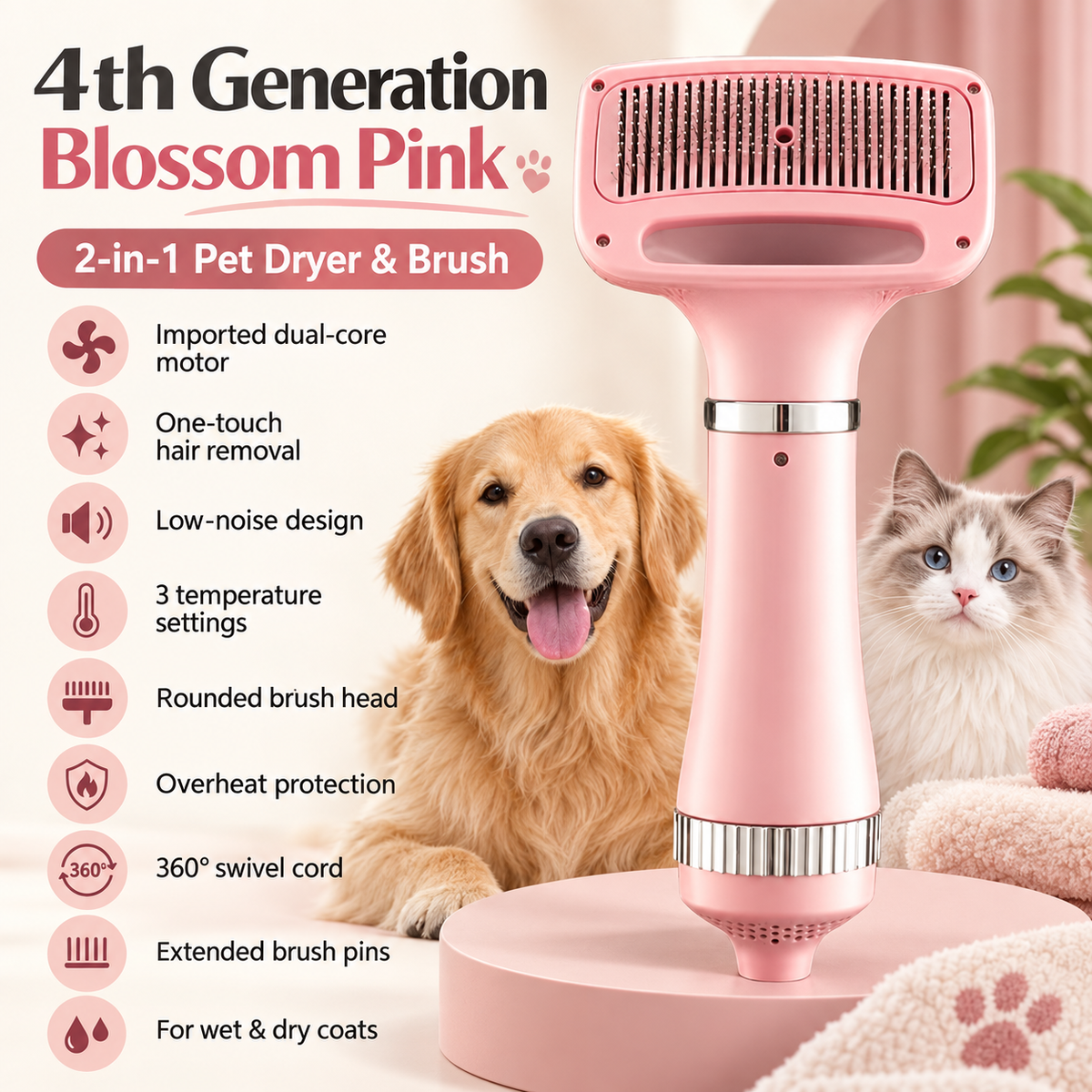 2-in-1 Pet Dryer Brush – 3 Heat Settings & Easy Hair Removal